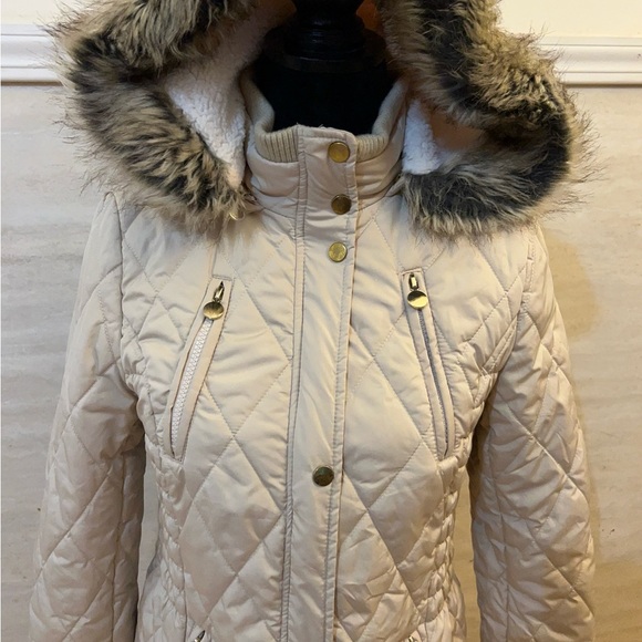Copper Key Women's Quilted Puffer Jacket with Faux Fur Hood - Beige - Picture 2 of 14